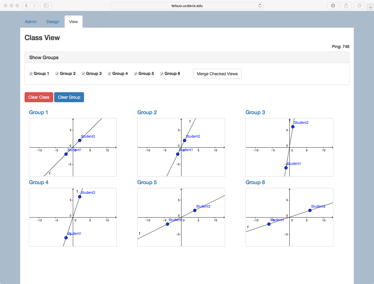 MathNet teacher facilitation tools include ’group windows‘, here used for a <em>Graphing in Groups</em> activity.