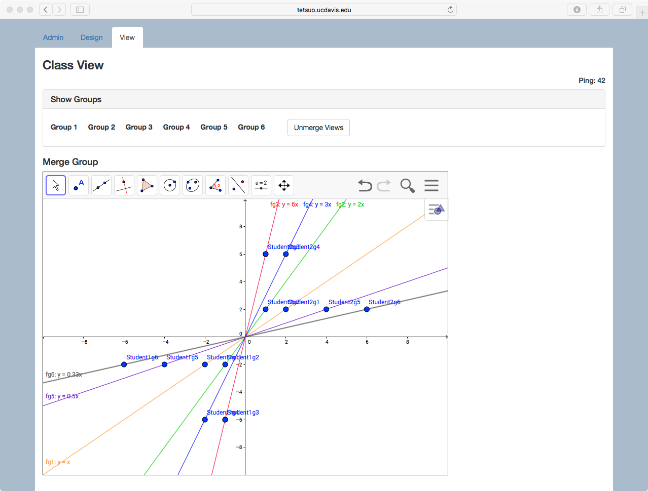 MathNet teacher facilitation tools include the ‘merged view’, here used for a <em>Graphing in Groups</em> activity.