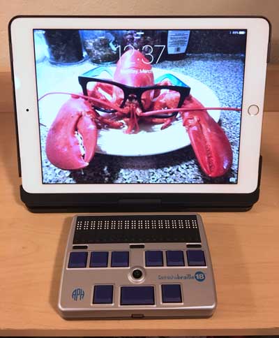 Photo of the APH Refreshabraille18 refreshable braille display paired with an iPad