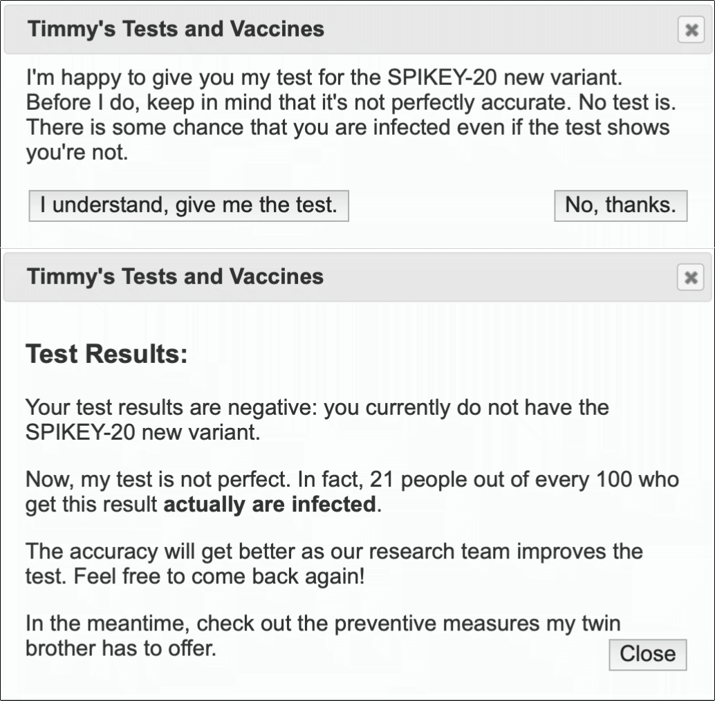 Image for Figure 5 – Alerts reminded players that no medical test is ever perfectly accurate (left) and explained the specific ratio of false results for each test (right)