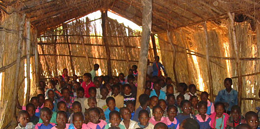 Photo of pupils in a bamboo classroom