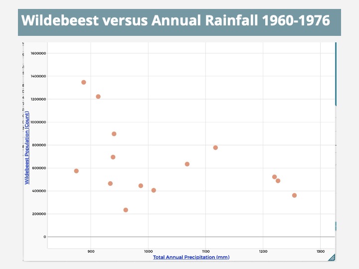 Image for Figure 2 – Scatterplot showing weak negative correlation between rainfall and wildebeest population. Each dot is one year’s data.