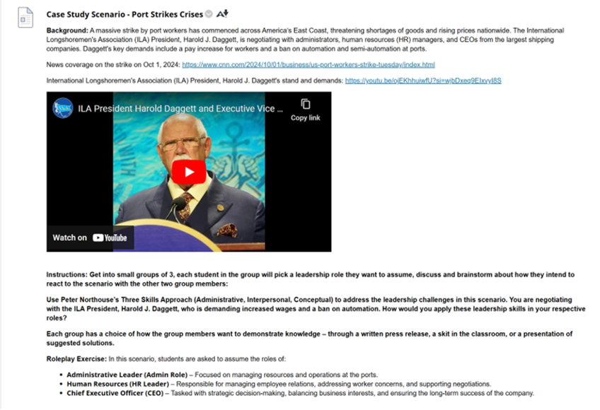 Image for Figure 7 – Screenshot of port strikes crises case study embedded in Blackboard Learn