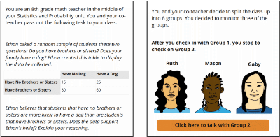 Image from simulation showing a statistics problem and an invitation to talk with a group of students